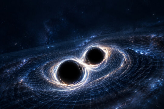 Two black holes merging in deep space with warped spacetime grid, astrophysics and gravitational waves concept