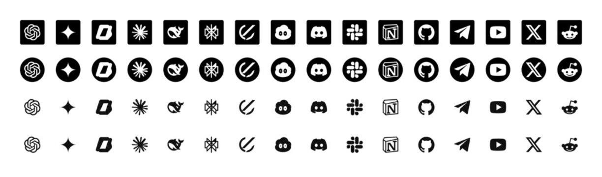 Smart assistant platform logo icon set with ChatGPT, Gemini, Sora and Discord, black, white, circle, square and outline app buttons for chat and mobile, vector illustration