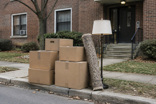 Cardboard moving boxes, rolled rug and standing lamp on curb outside brick apartment house, eviction and moving day concept