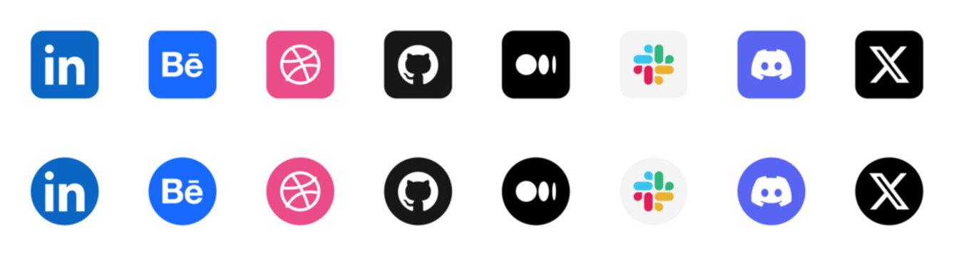 Career and professional app logo icon set with LinkedIn, Behance, Medium and Slack, career and business app icons for career profiles and mobile apps, vector illustration