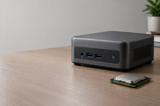 Mini PC with computer chip on desk, technology and compact computing concept