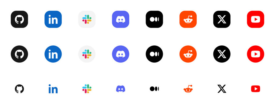 Professional network and portfolio logo icon set with GitHub, LinkedIn, Reddit and X, career and business app icons for portfolio websites and web UI, vector illustration