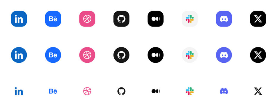 Career and professional app logo icon set with LinkedIn, Behance, Dribbble and GitHub, career and business app icons for portfolio websites and web UI, vector illustration