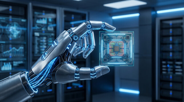 Close-up of a modern industrial robotic arm gripper holding a gold pin grid array microprocessor CPU chip in a high-tech semiconductor manufacturing clean room