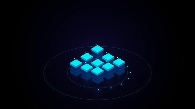 Futuristic isometric database server blocks spinning on a dark digital technology background