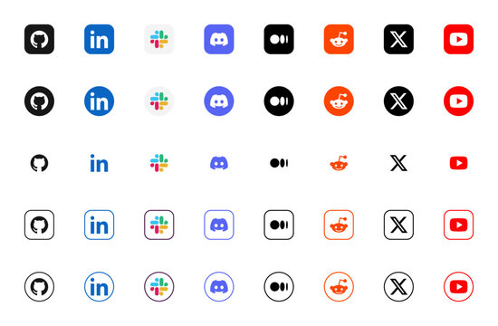 Career and professional app logo icon set with GitHub, LinkedIn, Medium and Reddit, career and business app icons for business networks and mobile UI, vector illustration