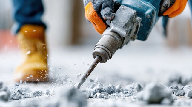 A construction worker using a jackhammer to break up concrete, creating dust and debris. The worker is wearing safety gear, including gloves and boots