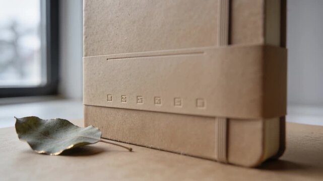 Camera pushing forward refocusing kraft book showing embossed icons and texture on desk near window