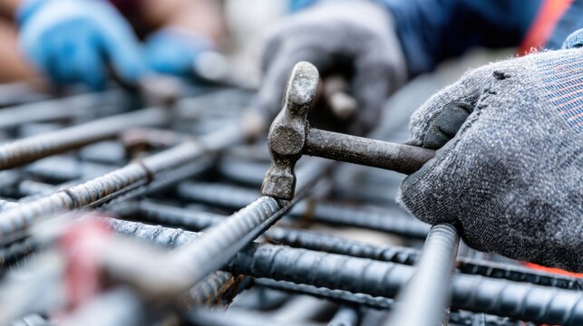 Construction worker using a hammer to bend rebar for concrete reinforcement. Focus on hands wearing gloves and the metal rods