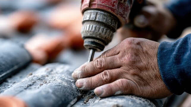 Close-up shot of a craftsman's hands using a power drill to screw into a stone surface. The focus is on the tool and the textured material, highlighting the act of construction or repair
