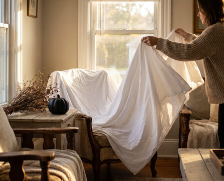 Woman draping white sheet over armchair to create diy ghost costume for halloween decor
