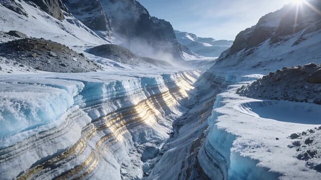 Launching drone camera gliding through narrow glacial canyon, revealing layered blue ice and mist