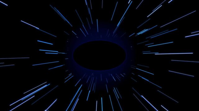 Blue light rays radiate outward from a central dark circle on a black background