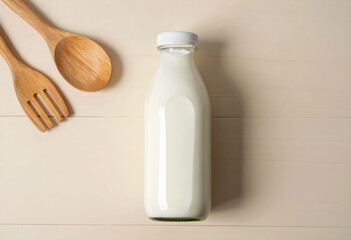 Obraz premium Healthy nutrition and dairy diet, glass bottle of fresh milk with wooden kitchen utensils on a light wooden table for breakfast and organic food