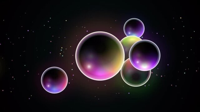 Iridescent soap bubbles drift and coalesce against a dark background