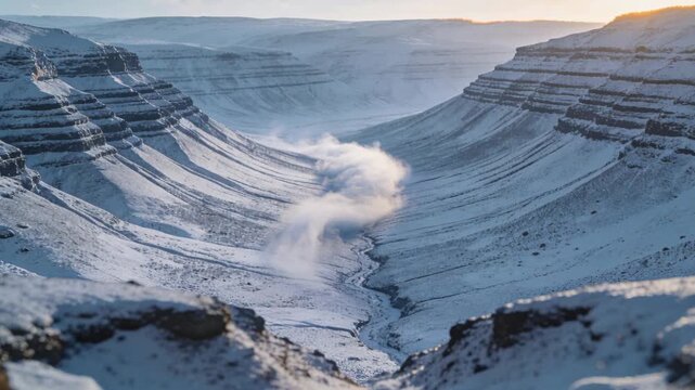 Drifting sinuous plume of fog snaking down canyon channel, light wind pushing billowing curls
