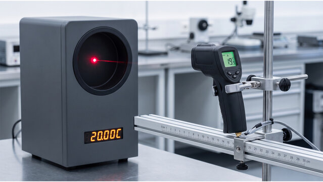 Infrared thermometer calibration setup with red laser alignment aiming at blackbody calibrator and distance rail in metrology laboratory