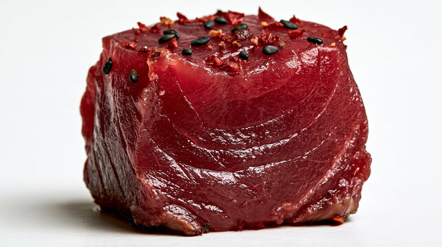Fresh raw ahi tuna steak seasoned with black peppercorns