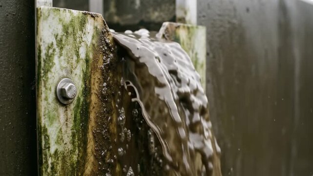 Brown organic sludge tumbling over a stained fiberglass V-notch weir plate with green residue
