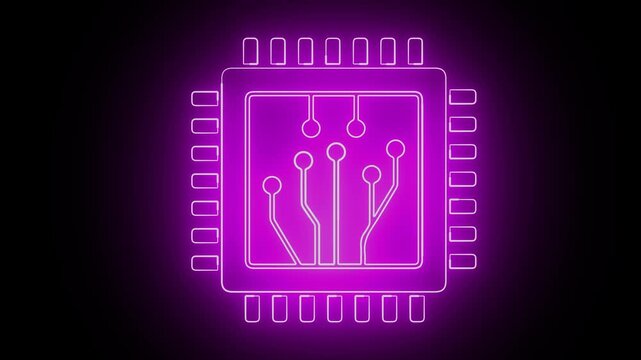 glowing microchip processor with neon circuit lines on dark futuristic background.processing, and artificial intelligence in a sleek, abstract animation
