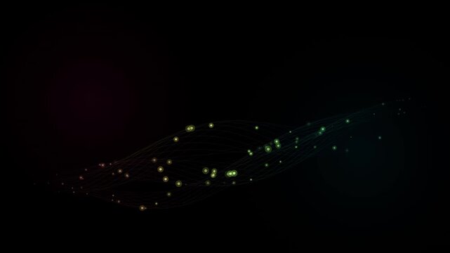 Abstract lines and dots converge and disperse on a dark gradient background