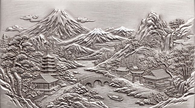 Traditional Japanese Landscape with Mount Fuji Embossed Metal Relief