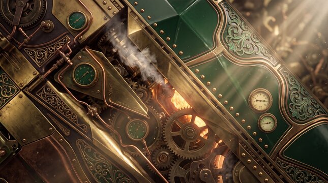 Steampunk Clockwork Engine with Brass Gears and Steam