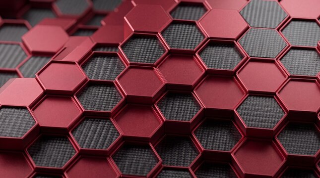 Red Metallic Hexagon Pattern Over Carbon Fiber Background
