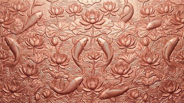 Traditional Copper Relief Carving with Koi Fish and Lotus