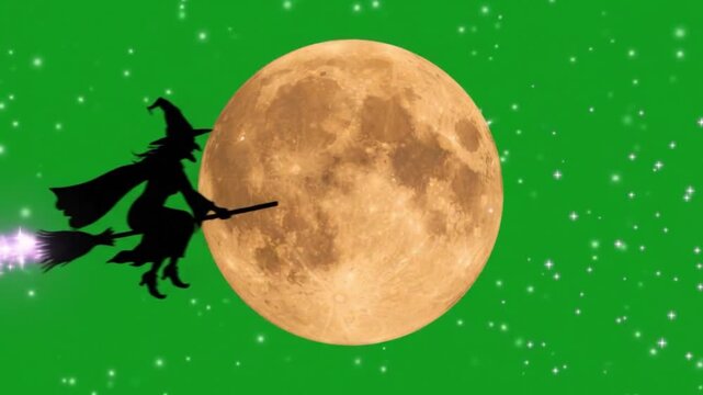 Animated silhouette of witch flying on broom across big orange full moon with purple magical sparkle trail. Starry night sky background on solid green screen #00FF00. Perfect for halloween intro, spoo