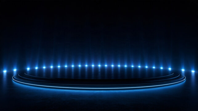 Futuristic Round Stage Podium with Blue Neon Lights