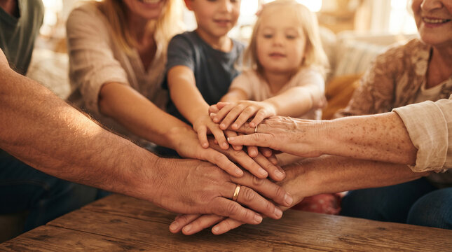 Multi-generational family stacking hands together in unity indoors