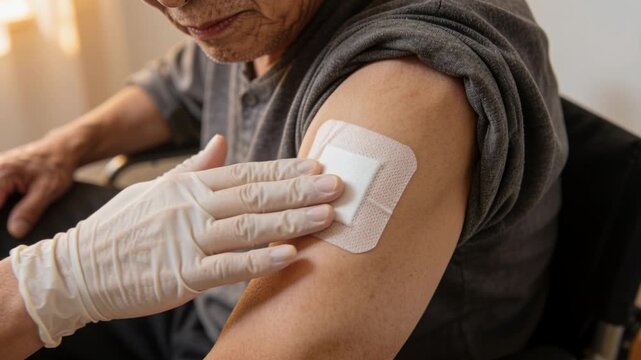 Pressing carer smoothing dressing on arm after injection, wearing gloves, rolled sleeve at home