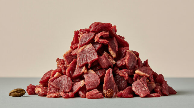Heap of raw diced red meat chunks on a gray surface with beef chunks