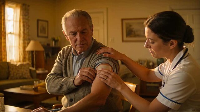 Rolling up sleeve senior man in cardigan at home, nurse wearing stethoscope applying gauze bandage