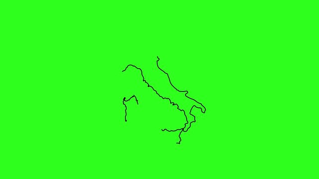 Hand-drawn outline map of italy animation on green screen, minimalist black line geography