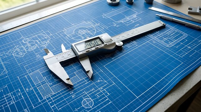 Digital caliper on technical blueprint for precision engineering measurement