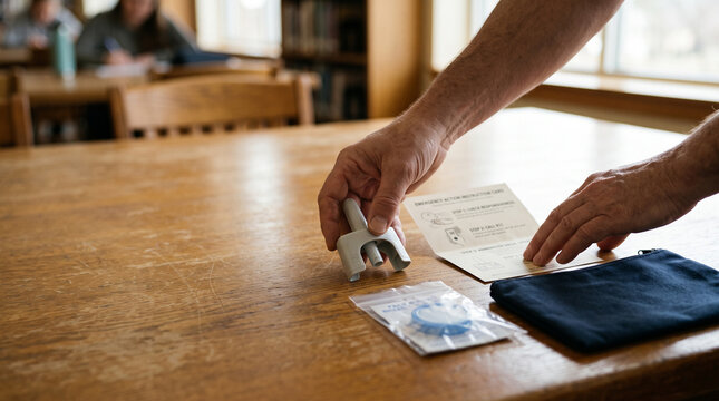 Hands arrange naloxone training materials on a table