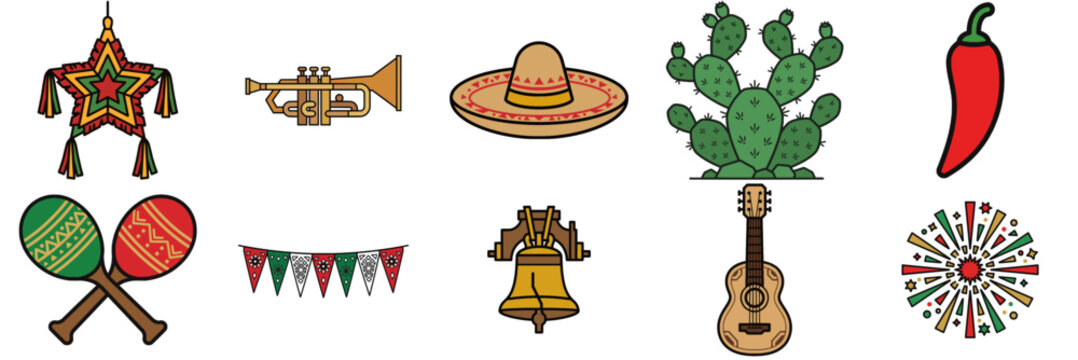Set of Mexican Independence Day flat vector icons