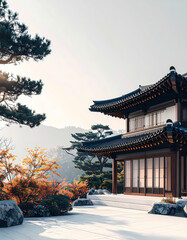 Obraz premium Modern hanok house combining traditional Korean architecture with contemporary design in autumn garden with copy space
