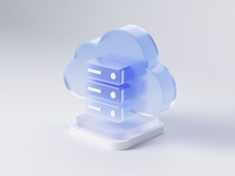 Transparent cloud computing symbol with integrated stacked servers, idea for secure online storage, database hosting, backup and digital network infrastructure design