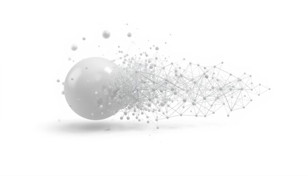 White sphere with crumbling particle effect on clean background particle crumbling abstract dispersion technology minimalist connection transformation fragmentation innovation geometric