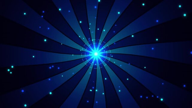 Blue starburst expands from center with radiating lines on a dark background