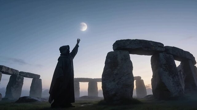 Reacting to moon glow, robed figure raising right arm at stones, cloak moving, helmet blue lights
