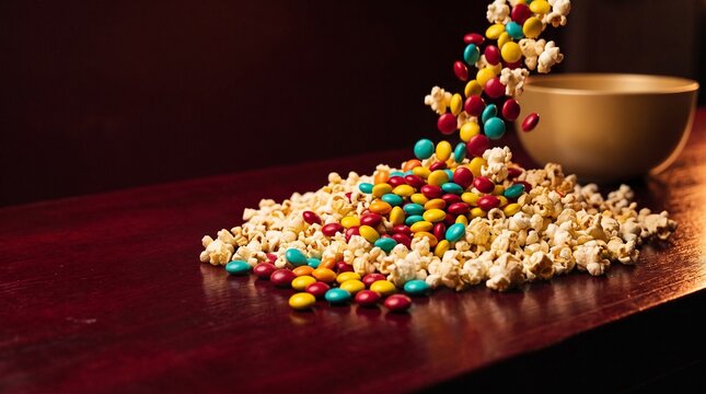 Candy cascade over popcorn for concession promotions