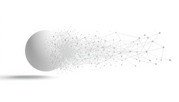 Spherical object disintegrating into data stream particles with particle disintegrate abstract technology minimalist connection transformation fragmentation innovation geometric floating