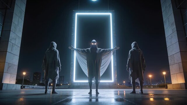 As frame brightens spreading hooded-cloak figure forming T-pose on rooftop at night