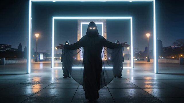 Stepping forward robed leader guiding two hooded flankers across wet plaza, with neon arch