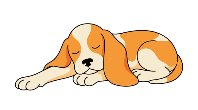 Flat vector illustration of a cute sleeping beagle puppy with long orange ears and white fur coat, minimalist pet character design isolated on white background for web graphics or print.