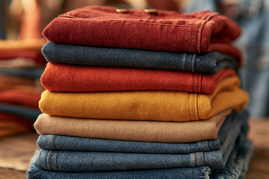 Stack of folded colorful fabric garments on a rustic wooden table with textiles